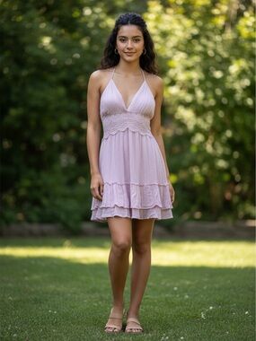 Promesa Lilac Halter Crochet-Waist Ruffle Mini Dress